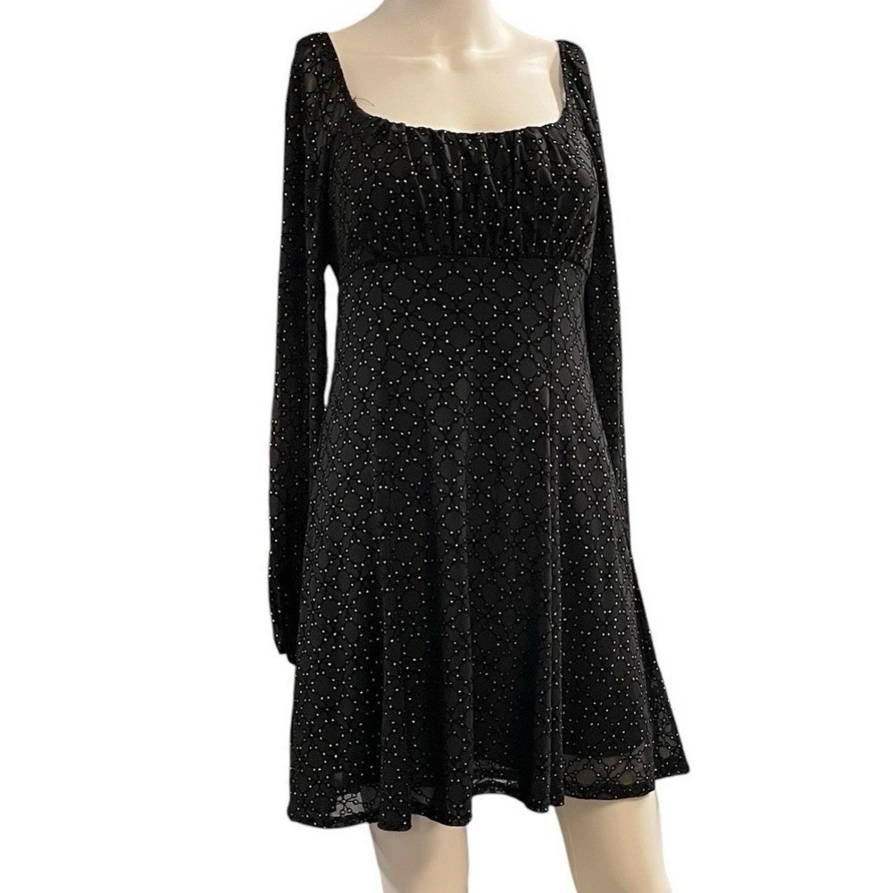 Black Sheer Mesh Dress Babydoll Mini Metallic L Y2K Whimsigoth‎ Fairy Event Hoco